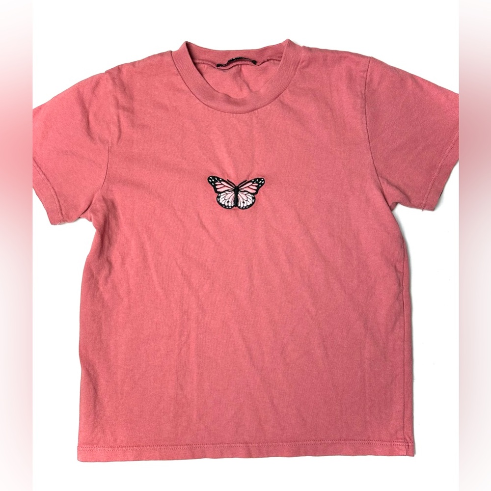 Brandy Melville Shirt Womens One Size Pink Butterfly Cropped Top Short Sleeve
